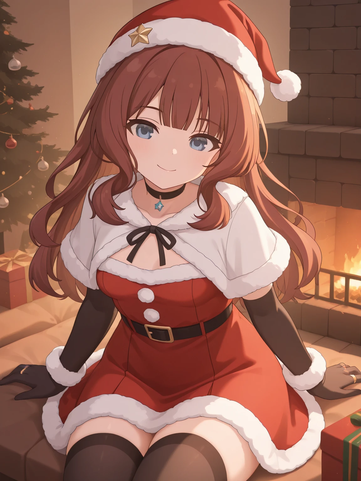 Masutepiece, Best quality, (highly detailed CG Unity 8k wallpaper) (Best quality), (best illustration), (Best shadows), 1girl, alone, Miku nakano, brown hair, blue eyes, beautiful detailed eyes , blue headphones around neck,Looking at viewer,((red Santa Claus suit with white details)),(cleavage),(red Santa Claus hat with white details),((black pantyhose)), in heat, , embarrassed, seductive, big breasts, medium waist, wide hips, wide thighs, POV (from below), room, room with fireplace, night, window with a view outside, standing,
