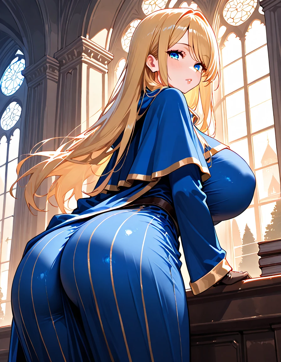 masutepiece, Best Quality, the Extremely Detailed CG Unity 8K Wallpapers, Sexy Witch Cosplay, Long dark blonde wavy hair、off-shoulder knit, (darkblue pleated skirt), Medium milk, Blushing, Shy laughter, Bare shoulders、(Butt sticking out pose)、(turned around)、sexy hips、Sexy dark red underwear、Black High Heels、Luxurious magic wand and book、Church of the castle、sexy pose1girl, male masturbation, pov hands, penis, blonde hair, wariza, projectile cum, cum, surprised, leaning,, masterpiece, best quality, highly detailed