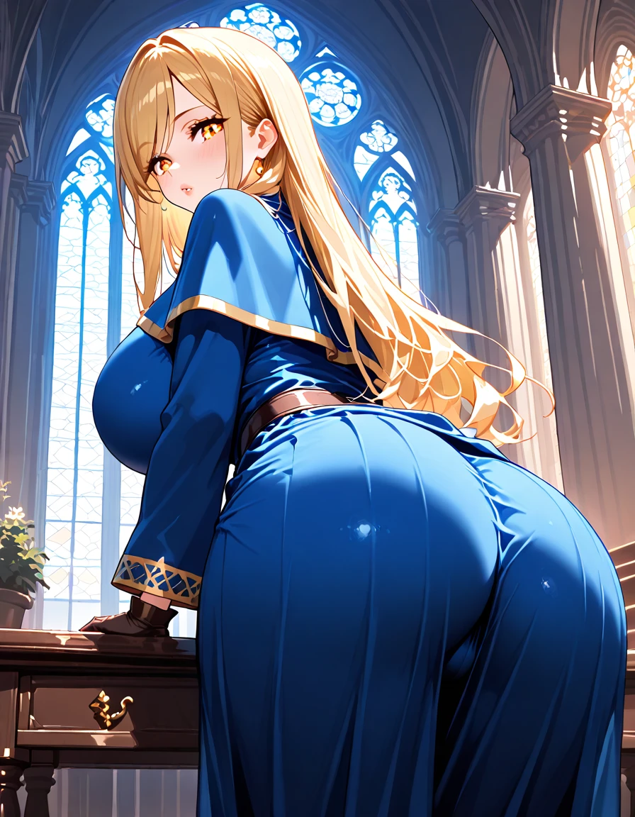 Draw a single female character in the image. in anime style at 22 years old. Wearing a sexy blue witch costume, thong panties and witch hat with her hands on a table in the living room, sticking her hot ass out. Side view from bottom to top. Body leaning forward, sticking out her big, delicious ass. (Long blonde hair reaching to the waist, blue colored eyes, Waist slender, small breasts and big, perky ass). View from bottom to top. Body leaning over the table with the butt facing the viewer. View with the camera from the bottom up with the legs open.