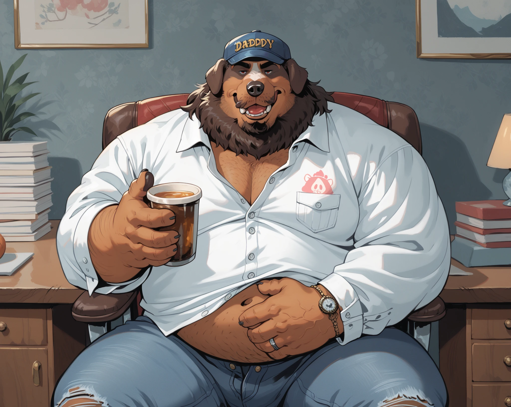 solo, golden retriever, masculine, necks, pixar eyes, adult, male, 50 years old, by dramamine, (, fat, dadbod, chubby, big belly, sweaty, yellow fur, cabin background, cigarette, holding beer, (white sleeveless shirt, boxers), correct hands, correct anatomy, (ultradetailed, best quality, detailed masterpiece, highly detailed masterpiece, 4k, professional cartoon), (natural pose, sitting on couch, nuanced expressions)