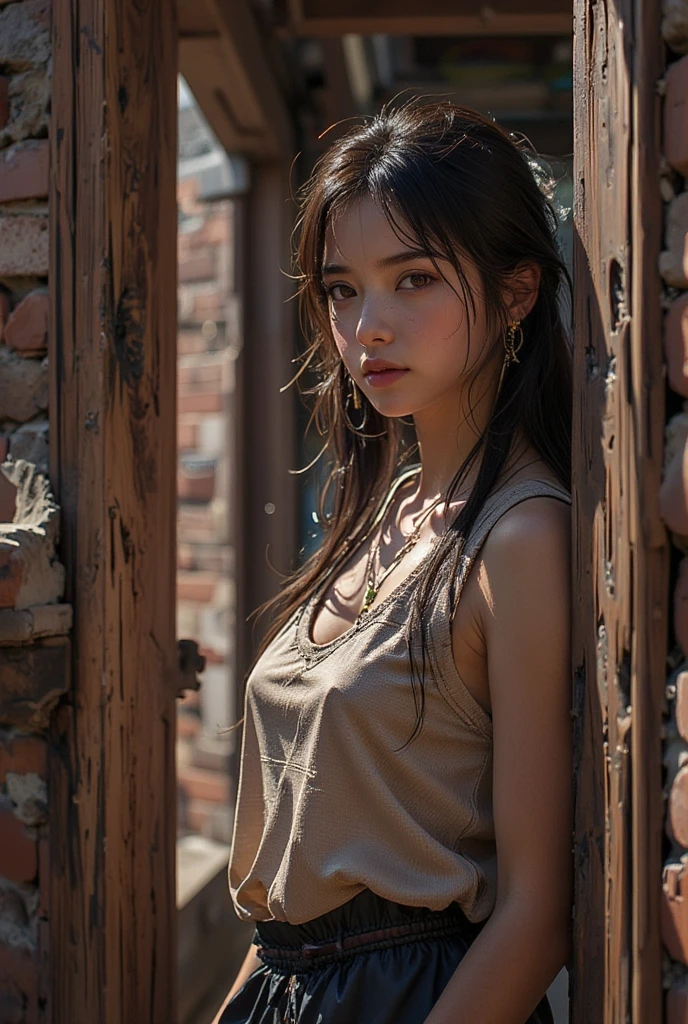 A girl is tied, her hands are suspended, sm, dog chains, hands raised above her head, a pained expression, clothes are disheveled, unclothed, naked, exposed
