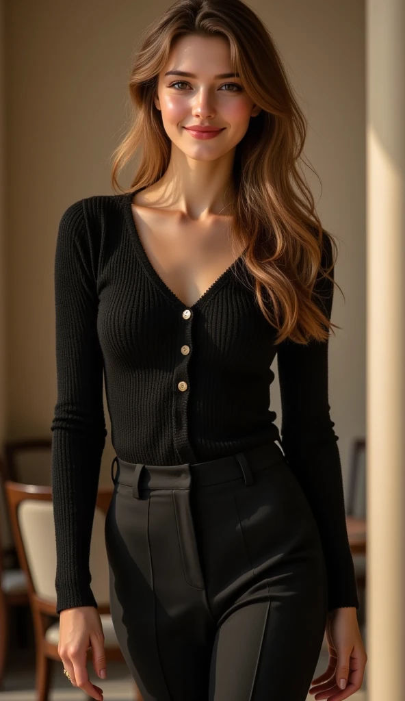 Exquisite, masterpiece, beautiful details, colorful, delicate details, delicate lips, intricate details, large breasts, black sunglasses with cool, 1 woman, (a beautiful 20-year-old cute Korean woman: 1.1), (kpop idol, Korean mixed), (50mm Sigma f /1.4 ZEISS lens, F1.4, 1/800s, ISO 100, photograpy:1.1), (photorealistic:1.4), (SPY:1.2), (Open Jacket,Shirt, Skirt,Tie,Black Pantyhose,Christian Louboutin\(Brand\),:1.3), Earrings, Necklace, Armbands, (Tavern, Bar:1.2), (Beautiful Legs, High Girl, Skinny, slim_legs, thigh_gap, Model:1.2), Lens flare, viewed from the front, (cool expressions), dynamic poses, (makeup: 1.2), (sitting in a wide office boss chair))