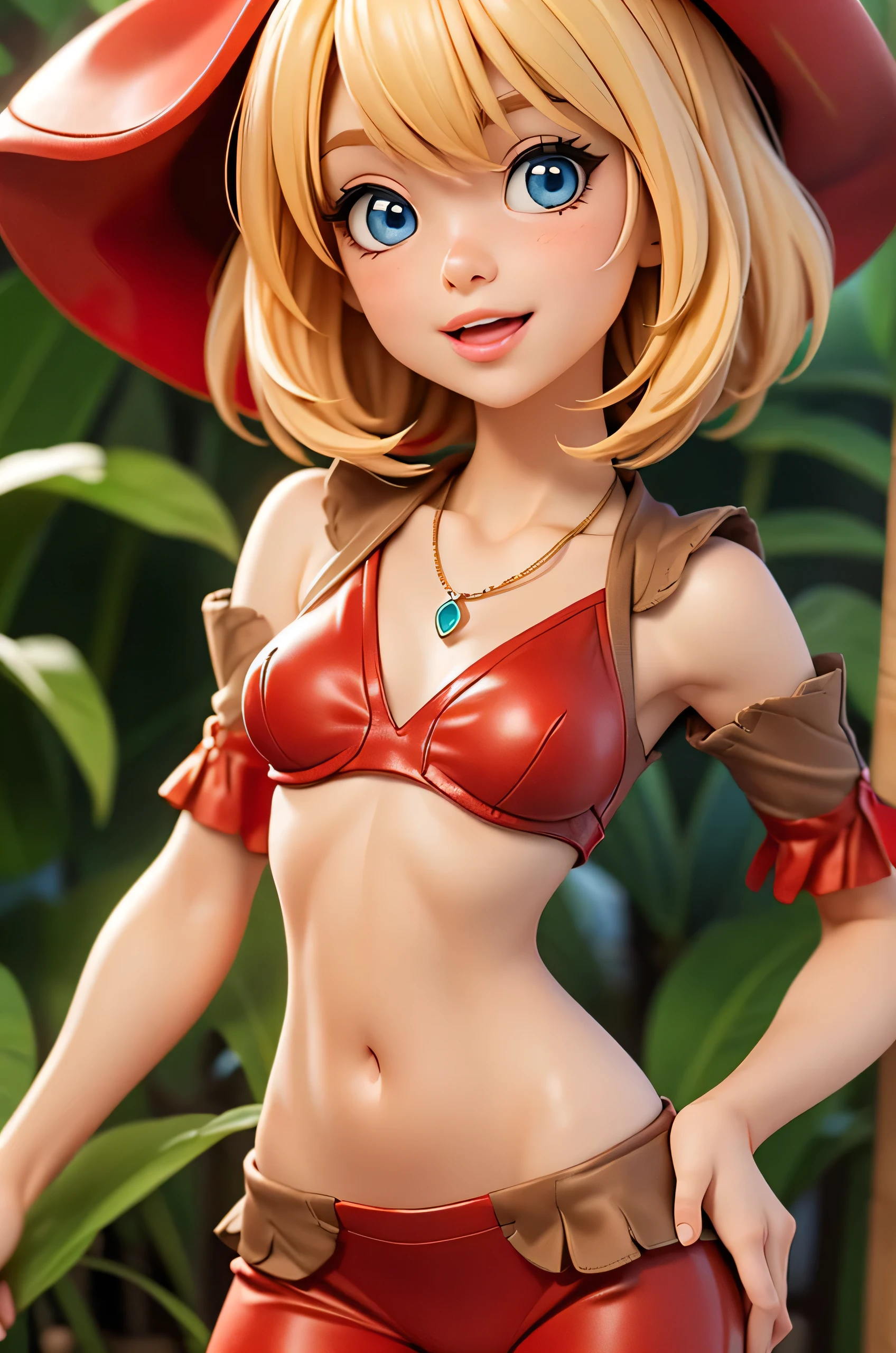 (((((Very tiny cute hyperrealistic girl))))), ((())), ((((red cap)))), (((round face))), ((((blond hair)))), (((blue eyes))), (((very tiny breast))), (((((very tiny body:1.9))))), (((medium hair))), ((((relm arrowny:1.6)))), (((open mouth))), (((cute big lips))), ((((close-up)))), (((necklace))), (((smooth arms and legs))), (((short ellbow sleeves)), (((open legs))), (((cute smile))), ((((very small arms and legs)))), (), (((jungle))), (((mushrooms))), ((((red outfit)))), ((((close-up))))