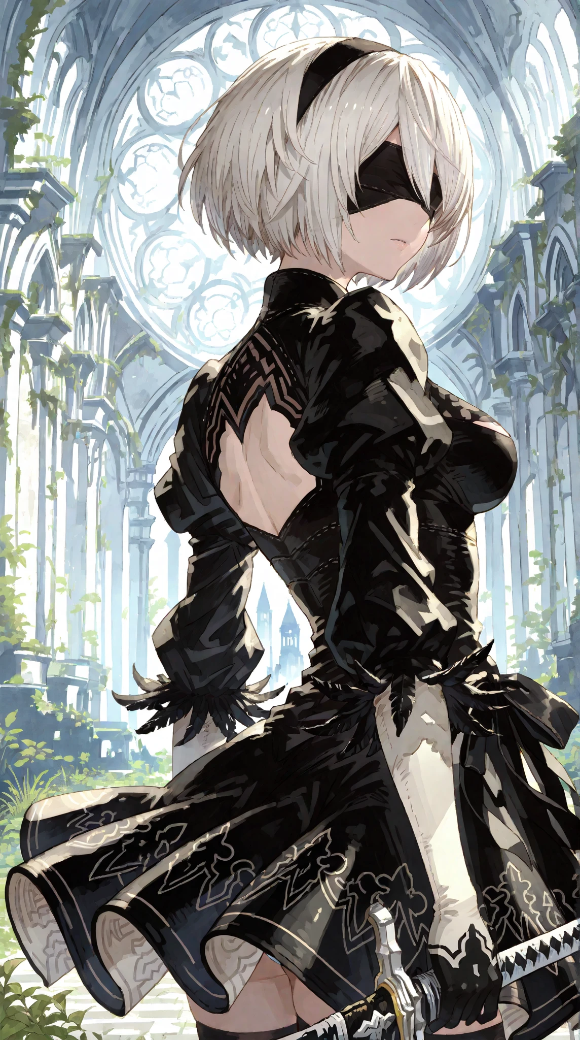 (2b,Nier:Automata)Have a weapon,最high quality, high quality, ass pov, Portrait of, Camera from the sky, Facing the audience, There is only one girl in the frame, Close-up photo, It's going well, Combat Stance, Sexy pose, forest, Remains, waterfall, Shapely legs, Grey Bob, Grey Hair, Her eyes are covered with bandages, Cyan eyes, Short skirt black dress, Black short skirt, Under the skirt, Chest neckline, White panties, Black Stockings, Black high boots, High heel boots, Very very beautiful, Small and firm ass, Slim figure, full length(Bodyful 1.1),ゲーム NierAutomata, City in Ruins, City, overgrown with plants, Remains, Extremely detailed official illustration beautiful fantasy)),Red little chest, 最high quality, High resolution, Photorealistic, Photogenic, unity 8k wallpaper, (Illustration: 0.8), (Beautiful, exquisite bluish-grey eyes: 1.6), Highly detailed face, Flawless照明, Highly detailed CGI , (Flawless腕, Flawless解剖学), Flawless胸を持つ, Beautiful Face, Master Studies, Intricate details, Realistic details, anime, (NierAutomataをベースにした) Flawlessボディ, Flawless, Flawlessディテール, Ultra HD |, 8k, Professional photos, animeスタイル2B,