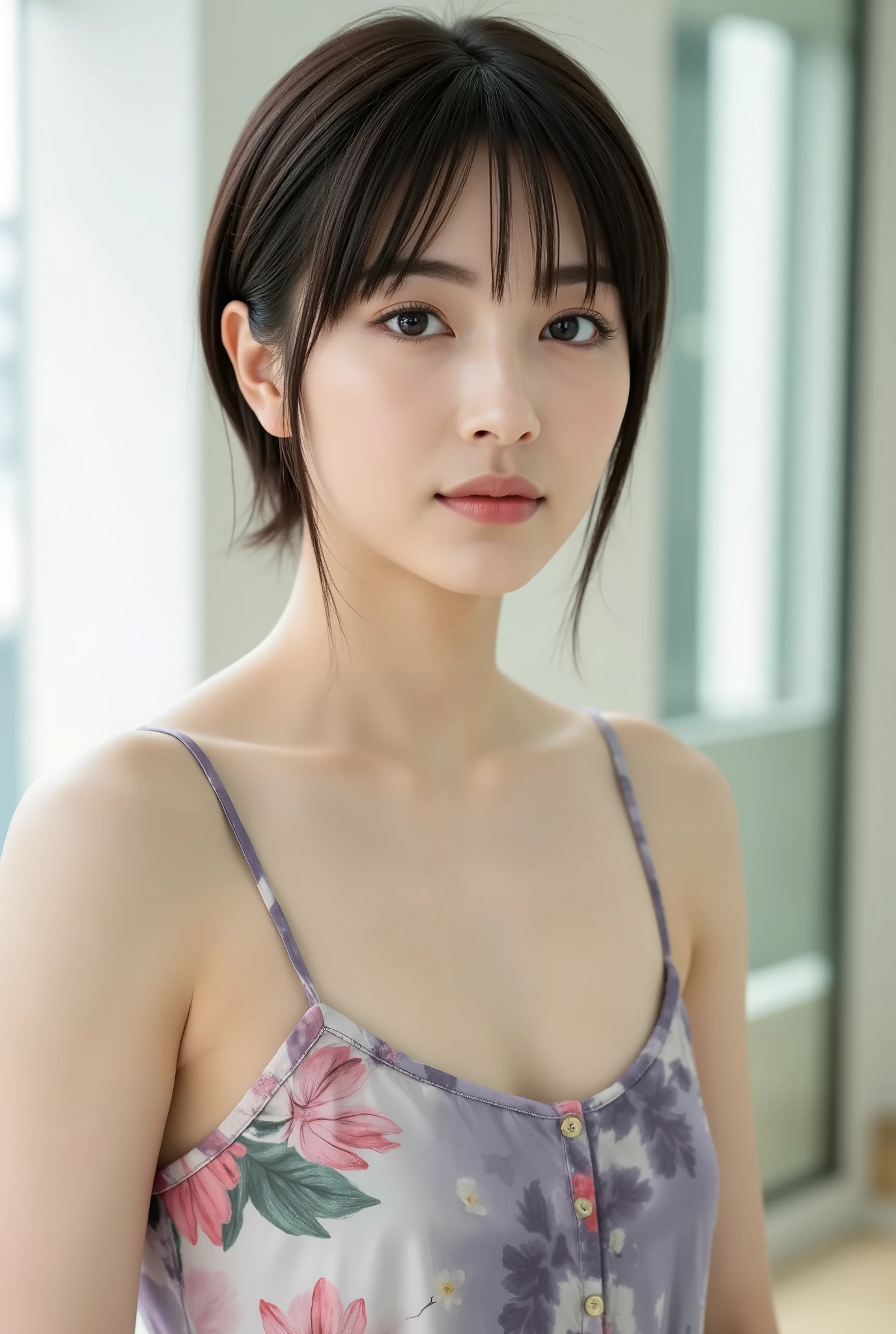 Create a realistic portrait of a beautiful Japanese female singer with a slender body, small bust, and thin legs. She has short hair and is dressed in a stylish spring outfit, set in a scene for a cosmetics commercial.