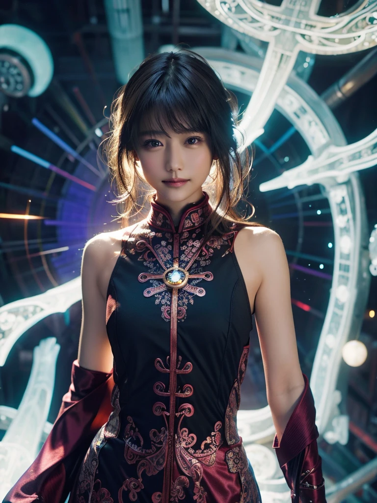 Highest quality, masterpiece, Ultra-high resolution, (Real: 1.4), Original photo, 1 girl, Black Hair, Glowing Skin, 1. Mechanical Girl, (超Real细节)), Portraiture, Global Illumination, Shadow, Octane Rendering, 8k,16K， Ultra Sharp, not a big deal, Bare skin is revealed through the cleavage, Metal, Intricate decorative details, More about Japan, Very intricate details, Real光线, CG Trends, Purple eyes, Glowing Eyes, Facecamea, Neon Details, Mechanical Limbs, Blood vessels connected to tubes, Mechanical vertebrae attached to the back, Mechanical fixation of the cervical spine, Sitting, Wires and cables connected to the head, Gundam, Small LED Light,