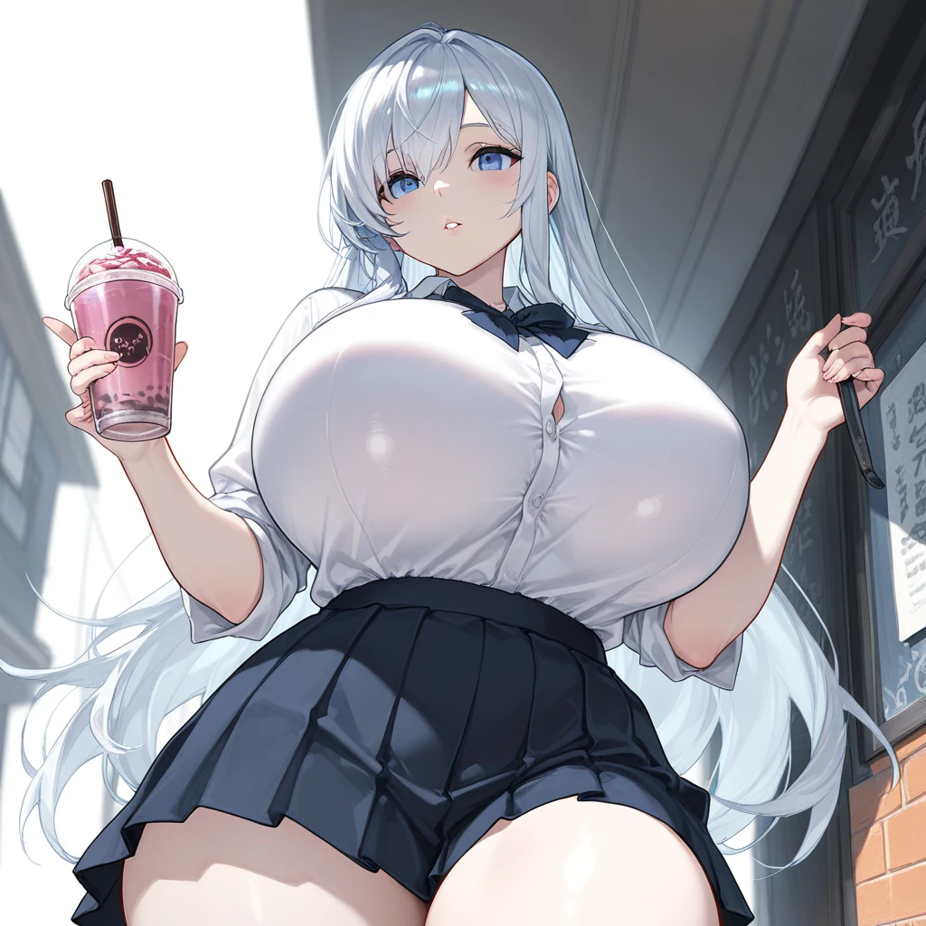 dog ears, white dog ears, husky, white hair, blue eyes, deep blue eyes, piercing blue eye, intimidating, , big breasts, huge breasts, dog tail, dog collar, collar, shorts, black shirt, intimidating, expressionless,