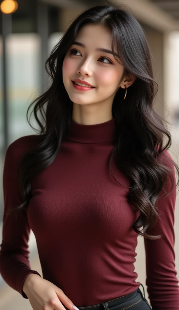 Red dress, smile, finger sucking ((top quality, 8k, masterpiece: 1.3)), 1 girl, smile, full body, slim face, pretty woman, (dark brown hair), full-length dress: 1.1, ultra detailed face, detailed eyes, double eyelids, blurred background, slim face, city, outside, street,