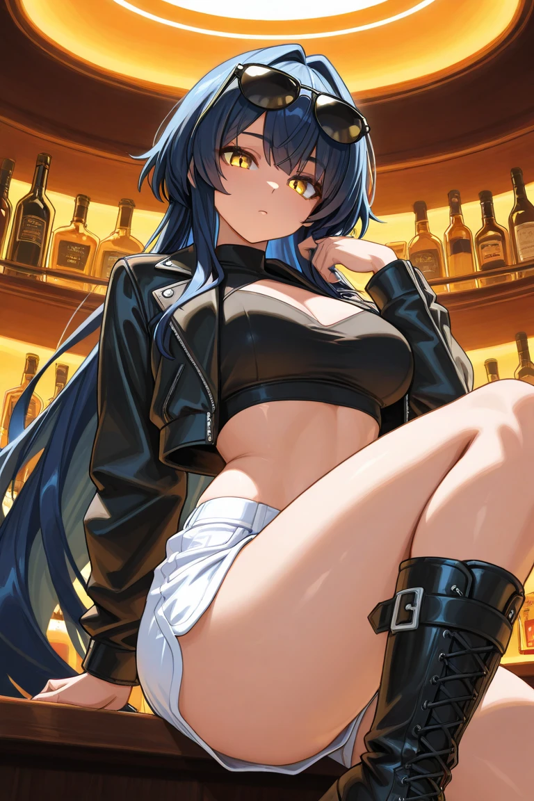 KiriaTMS, turquoise hair, brown eyes, blush, lipstick, long hair, crazy eyes ,Hot girl, baddie, staring, glaring, bad attitude, mean girl, crazy, smoking, sensual, attractive, nightclub, indoors, bar, inside bar, fur trim, mature female, gloves, fur-trimmed coat ,jacket, masterpiece,high quality,4k, bare shoulder,belly,crop top,holding pistol,cleavage,jeans,casual dress,street,road,smile, open mouth, (nsfw) not safe for work, holding a gun,handgun, evil expression, exposed belly, exposed navel, exposed midriff, exposed lower belly, crop top overhang, underboob, unbuttoned jeans , low rise black jeans, Low rise jeans, Low rise jeans with open fly, navel piercing