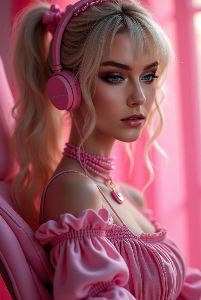 (Barbie), corpo inteiro, estilo boneca Barbie, Centrado, altamente detalhado, Usando fones de ouvido, rosto nu, altamente detalhado, Vestindo capuz do Homem-Aranha, cor vibrante, Very high detail, 300DPI