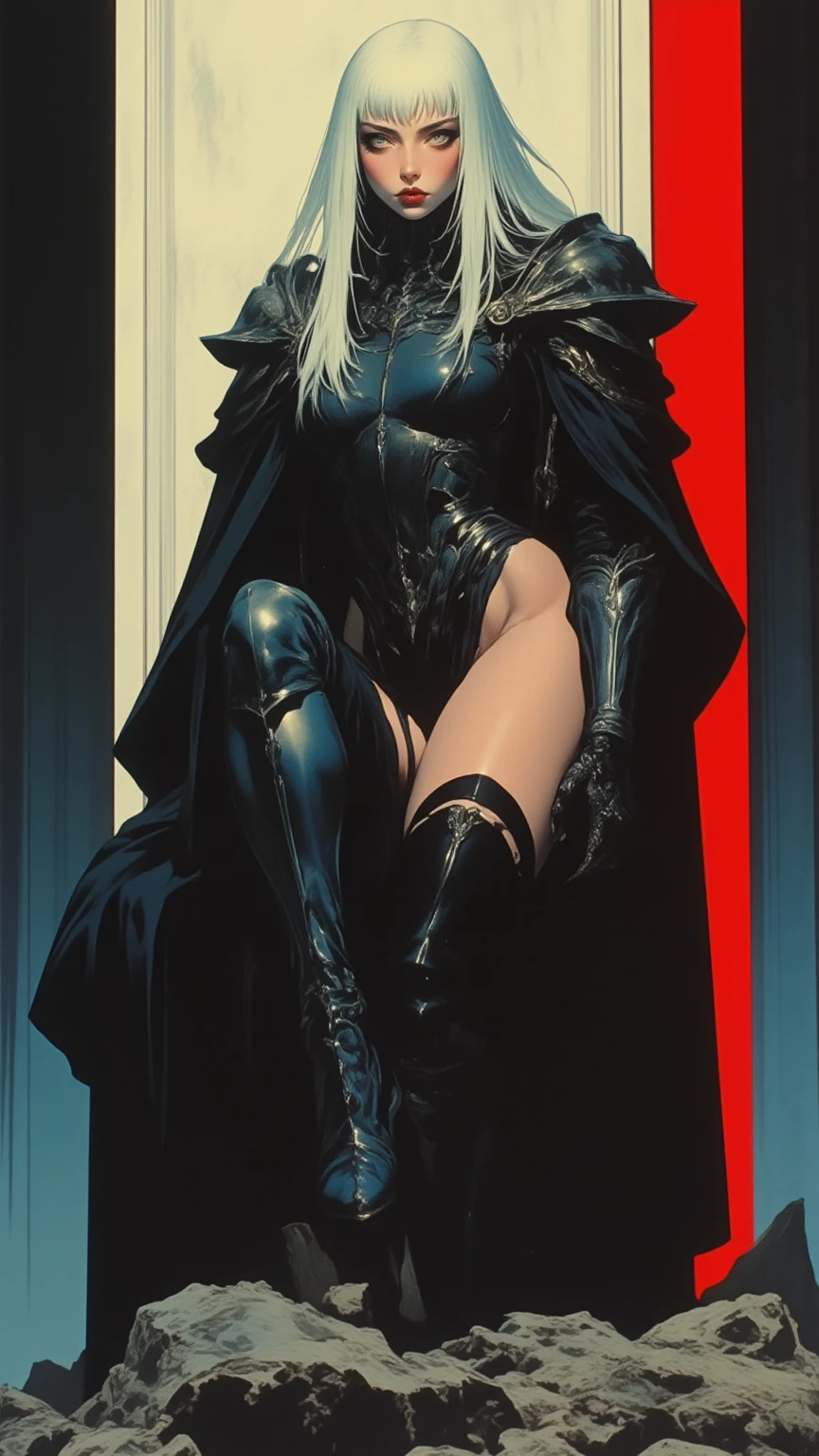 a hot blonde super hero wearing a tight, low cut black latex corset, thigh boots, fishnet stockings, and a midnight blue cape