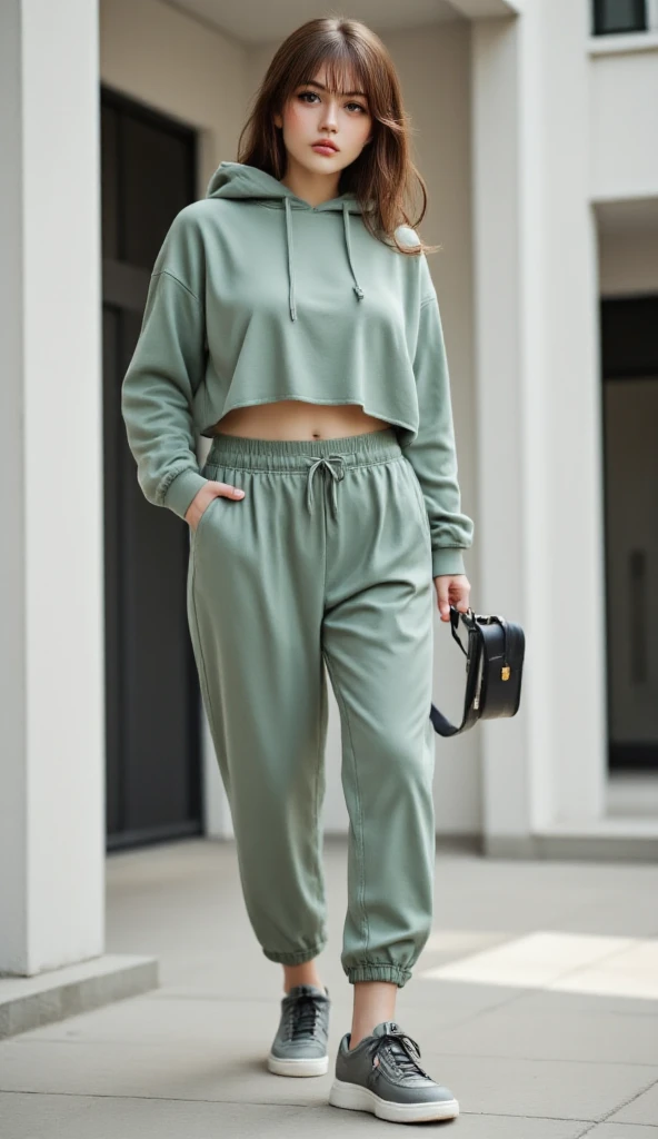 (Masterpiece: 1.3), (8K, Realistic, RAW photo, Best Quality: 1.4), Best Quality, High Resolution, Masterpiece, best detail, 8K, 3d model in a green fleece sweatshirt and green pants, made in a soft style, Face detailing, Ukrainian, in full height, dreamy quality, feminine exuberance, Matte Photo, without inscriptions and logos