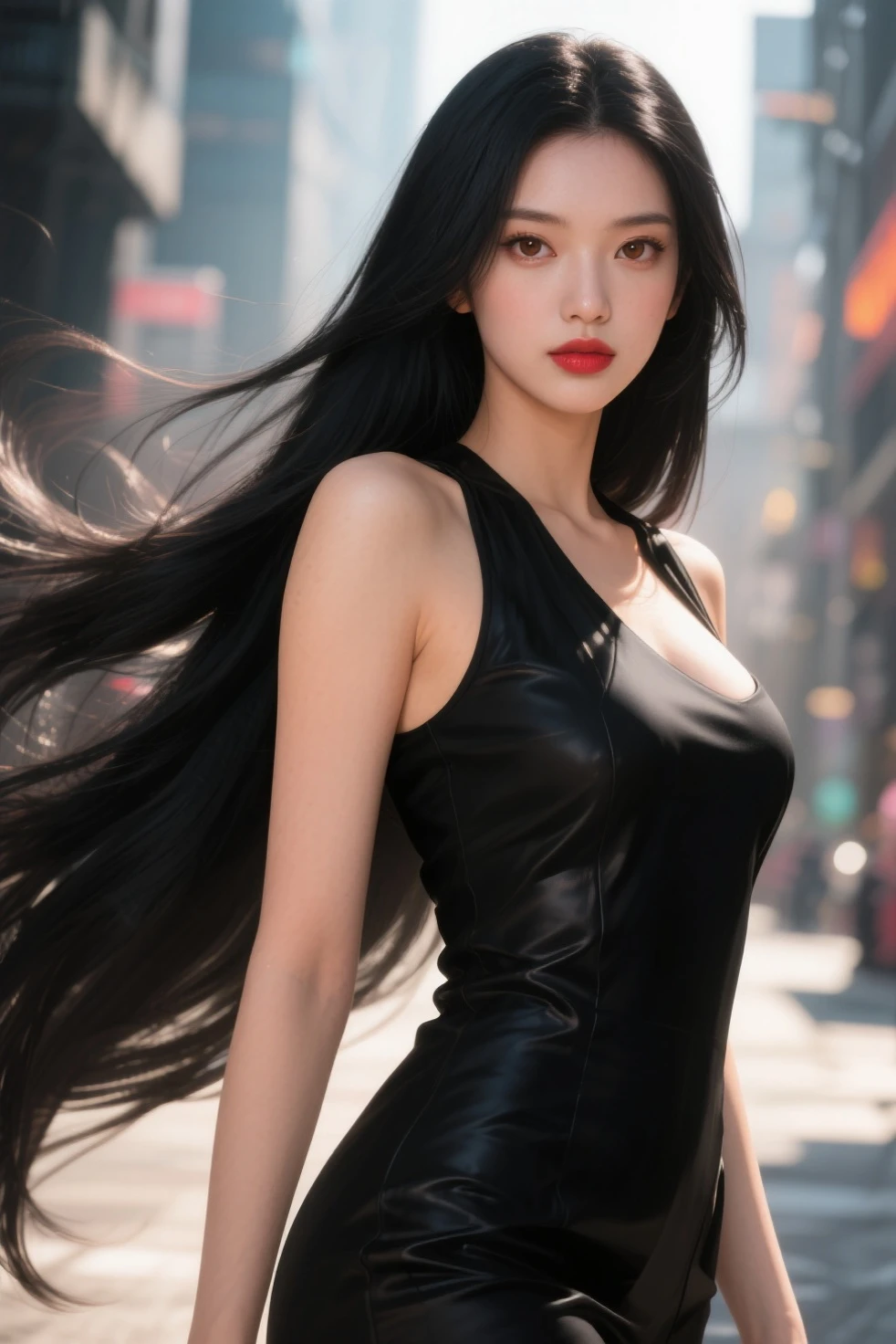 Create a visually stunning AI model with realistic black eyes and long, flowing hair exuding beauty and elegance."


