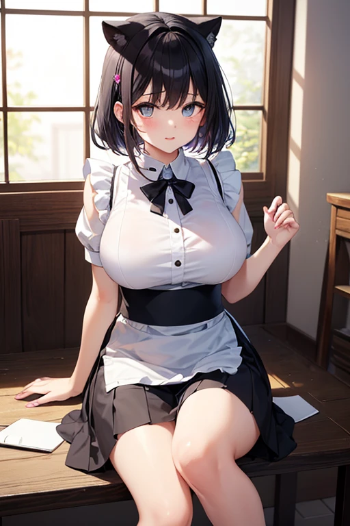 masterpiece, best quality, blown short hair, maid clothes, bedroom, standing, huge breasts,
