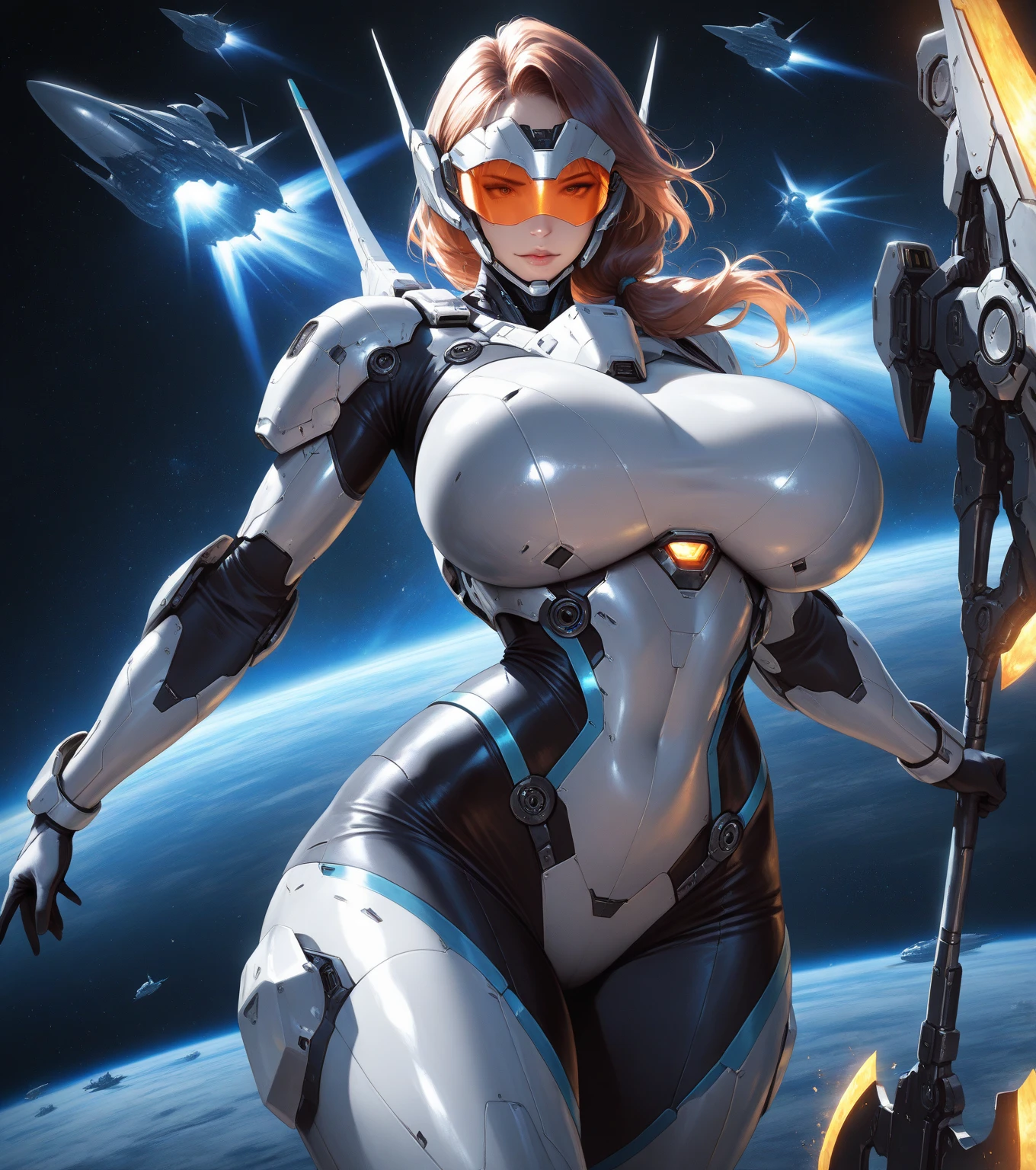 dans l'espace, beautiful galactic background en plein vol, planetes, vaisseaux spatiaux, High luminosity and low variance, Soft light,realistic light and shadow, light and dark intertwined,(plan large:1.3),regarder le spectateur, angle dramatique, (haut du corps:1.4), (Seulement:1.6), into space 
, (best quality), (High resolution),( illustration), (la science-fiction), (style science-fiction), (mechanical style)
1fille, (femme astronaute),
, (tout le corps), (jambes fines), ( Mecha ), peau brillante, peau brillante, ( beautiful detailed thighs), (articulated fingers)
(fille en combinaison spatiale rose), Functional clothing, (casque spatial:1.5) space helmet with closed transparent visor  ,(bottes de combat), ( ceinture), ( pointu:1.21),, dans l&#39; univers, starry sky, amas d&#39; stars,colorful boot trails,Shooting star,La terre,pleine lune
((seductive)), rougir, ((marche)), sexy,  hot
(les yeux rouges:1.4),(finely detailed eyes),Beautiful detailed eyes
(cheveux longs crème),(queue de cheval:1.4),(reflective hair)