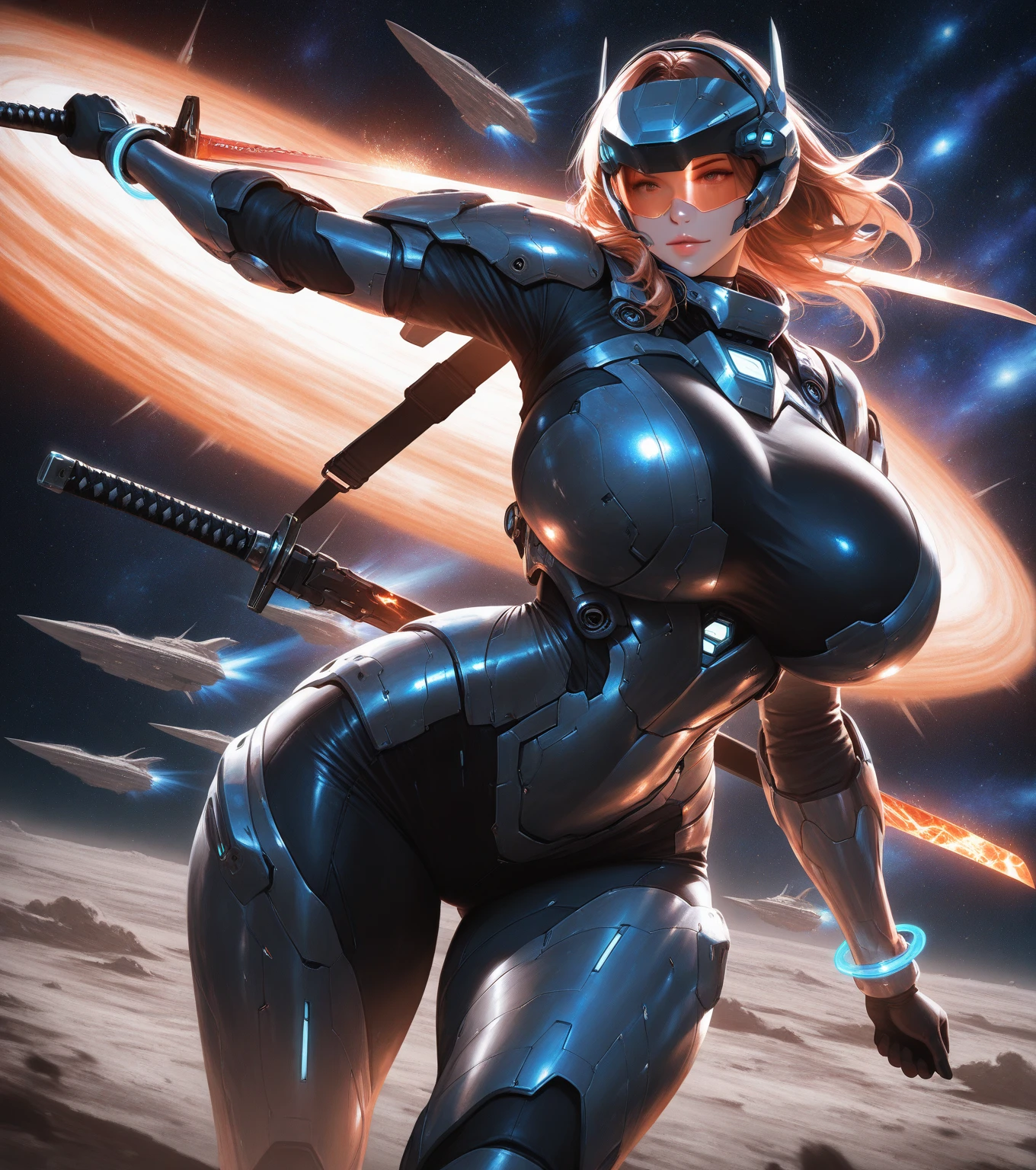 Full body armor shattered,Blue short hair,Beauty,Sexy,Large Breasts,In battle,Sweat,fire,lipstick,Wave hairstyle,lightning