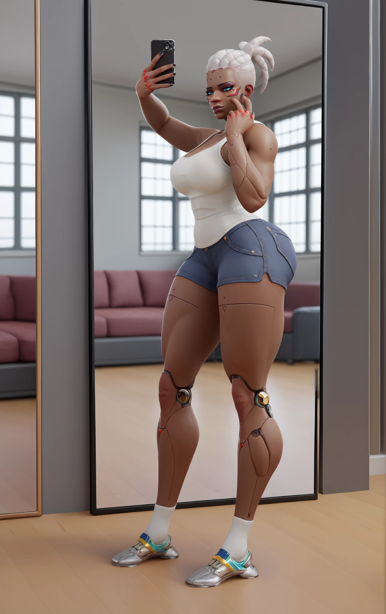 score_9,score_8_consolation,score_7_consolation BREAK ojournSDXL,1 girl, blue eyes,jacket, facial markings ,white head,thighs,dark skin,Eyeshadow Ding {x} bEyeshadow {x} bEyeshadow {x},thick thighs, science fiction ,Joint , cyborgs,robot Joint ,very dark skin,Dreadlock ,Machine legs ,room,room background,with my head held, ,big ass, "A slim white tank top that emphasizes her curves and high-waisted beige short shorts that accentuate her slender waist and wide hips. {x} Up to the 5, she wears light skin Women with wavy brown hair coming down have strong, exercise-shaped bodies with distinct hourglass curves - big breasts and round, firm butt. She's in a modern Madrid apartment, Mirror reflection and natural shadows. She's wearing a sexy casual outfit: The tall mirror perfectly reflects her holding a smartphone in one hand. She's barefoot, Wears only white ankle socks.

The mirror shows part of the apartment and her backside (Showing a perfect manicure) She's in a modern Madrid apartment. } While cleaning her hair with one hand: gray sofa , Indoor plants, , the living room features a minimalist interior. The lighting that emphasizes her perfect proportions, Creating an intimate atmosphere. A modern coffee table and natural light coming in from a large window, The lighting is warm and diffuse. Superrealistic image with soft focus: Fabric texture on a tank top, Lip Gloss Shine, Taking a selfie in front of a full-body mirror. Professional photography style with soft focus, Instagram-perfect."