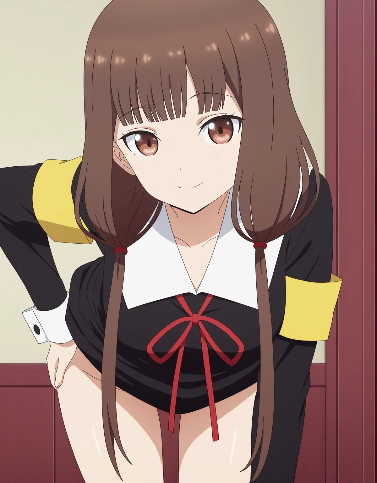 Anju from zombie 100 anime, she has long brown hair with a red ribbon hairband, white buttoned shirt wjth short sleeves, overall shorts, short white socks, and white dress shoes, she has a slender body with a flat chest and a medium bubble butt. She is looking back while standing.