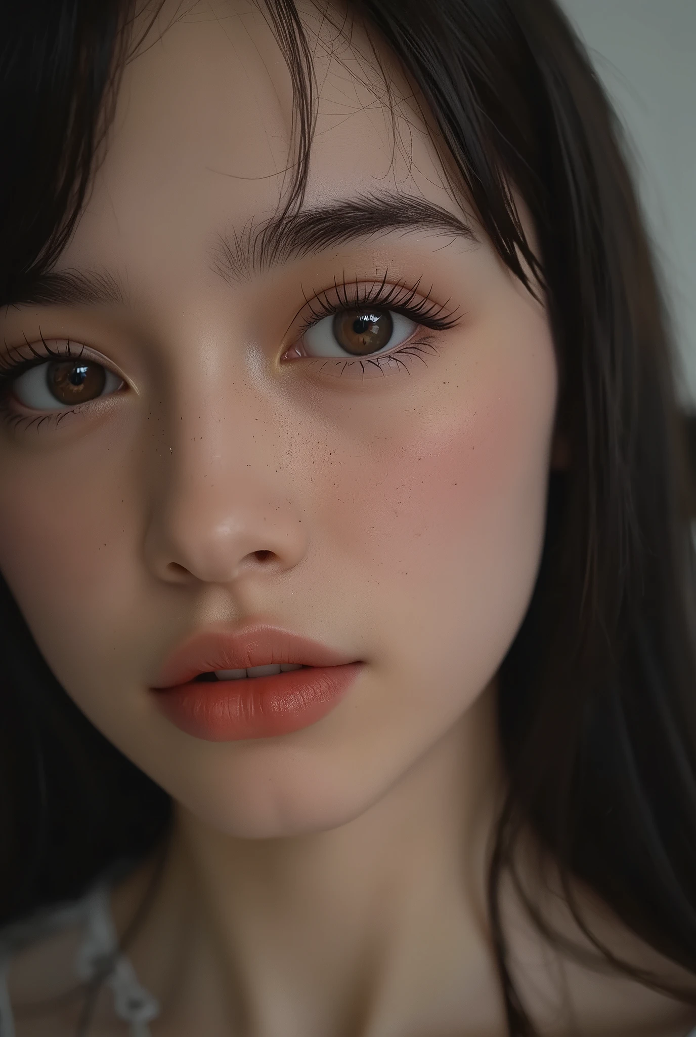 beautiful face close-up, Highly detailed eyes, double eyelids, long eyelashes, slightly thicker lips, Half beautiful girl, super detailed moist skin texture