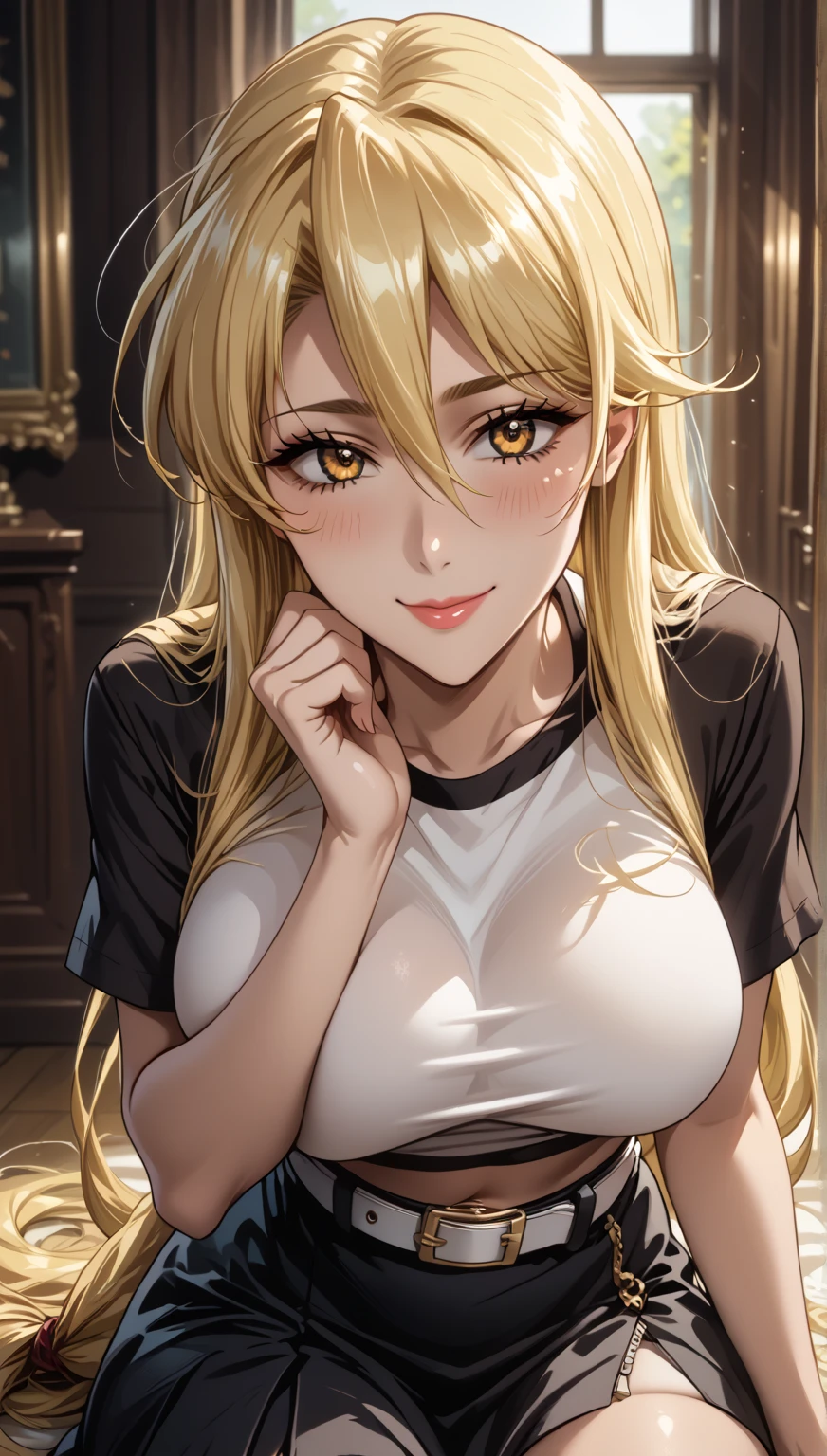 (masterpiece, best quality:1.4), 8k, Close Up, blonde Messy Ponytail Hair, Make Up, Red Eyeliner, Light skinned, Young adult, anime girl, Blushing, Happy, Excited, smile, Loving , Sexy, Giving Kiss, Teasing, light green Eyes, Big chest, White oversized Cropped Sweater, In Apartment (detailed eyes and face, sharp pupils, realistic pupils:0.6)
