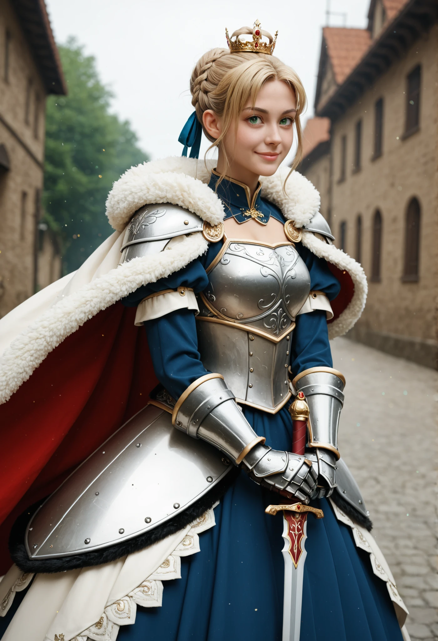 masterpiece, en iyi kalite, solo, 1girl, sbrdef, light smile, sideways, standing, light particles in the handle of armored dress, Excalibur \(Fate /kal gece\), blonde, ahoge, mustache , french braid, braided bun, single hair bun, hair ribbon , mavi kurdele, contains crown , green eyes, mavi pelerin, fur-trimmed cape, Armor , mavi elbise, Armor ed dress, breastplate, Juliet arms, gauntlets, kusur , soyut arka plan, light particles