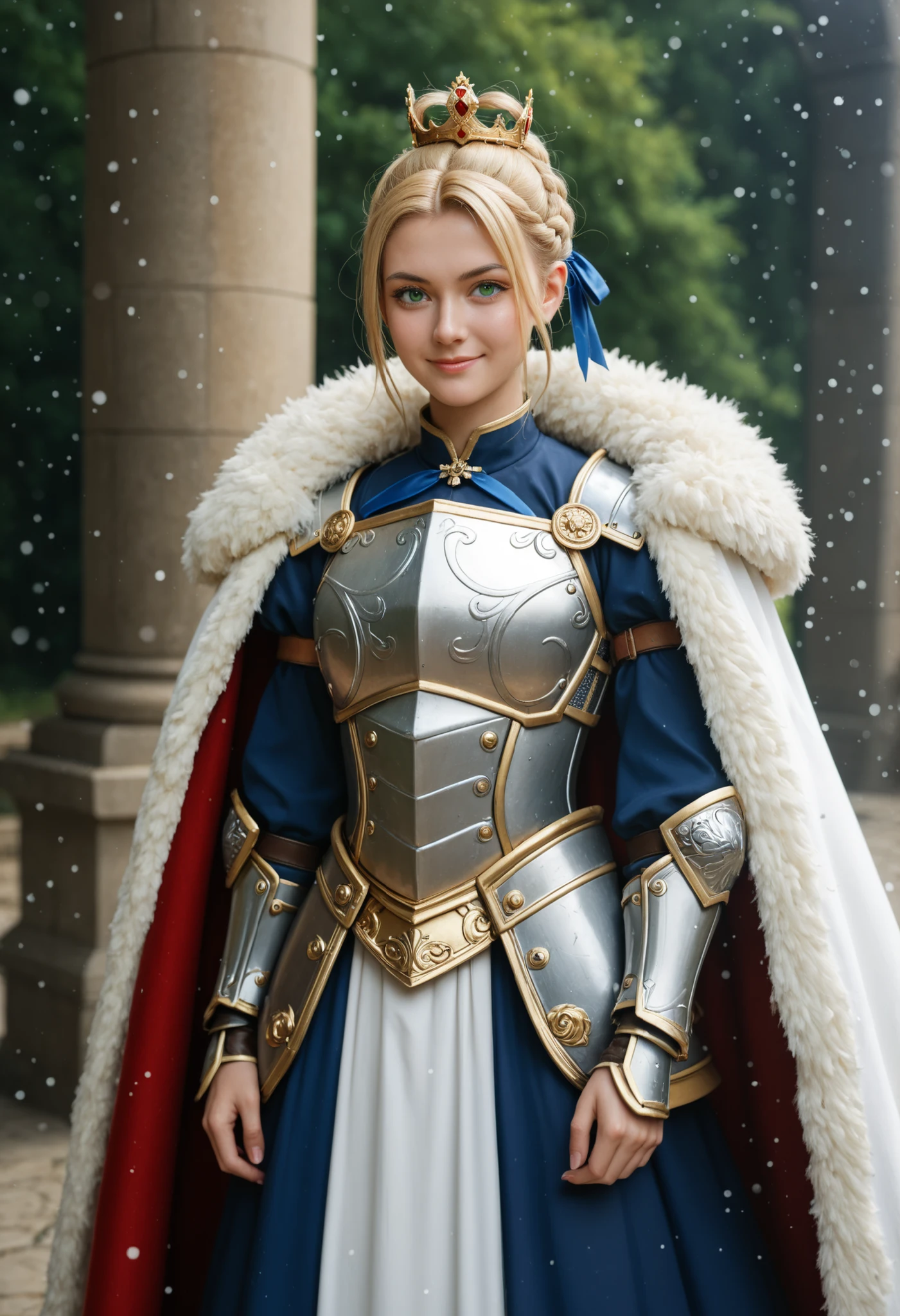 masterpiece, en iyi kalite, solo, 1girl, sbrdef, light smile, sideways, standing, light particles in the handle of armored dress, Excalibur \(Fate /kal gece\), blonde, ahoge, mustache , french braid, braided bun, single hair bun, hair ribbon , mavi kurdele, contains crown , green eyes, mavi pelerin, fur-trimmed cape, Armor , mavi elbise, Armor ed dress, breastplate, Juliet arms, gauntlets, kusur , soyut arka plan, light particles