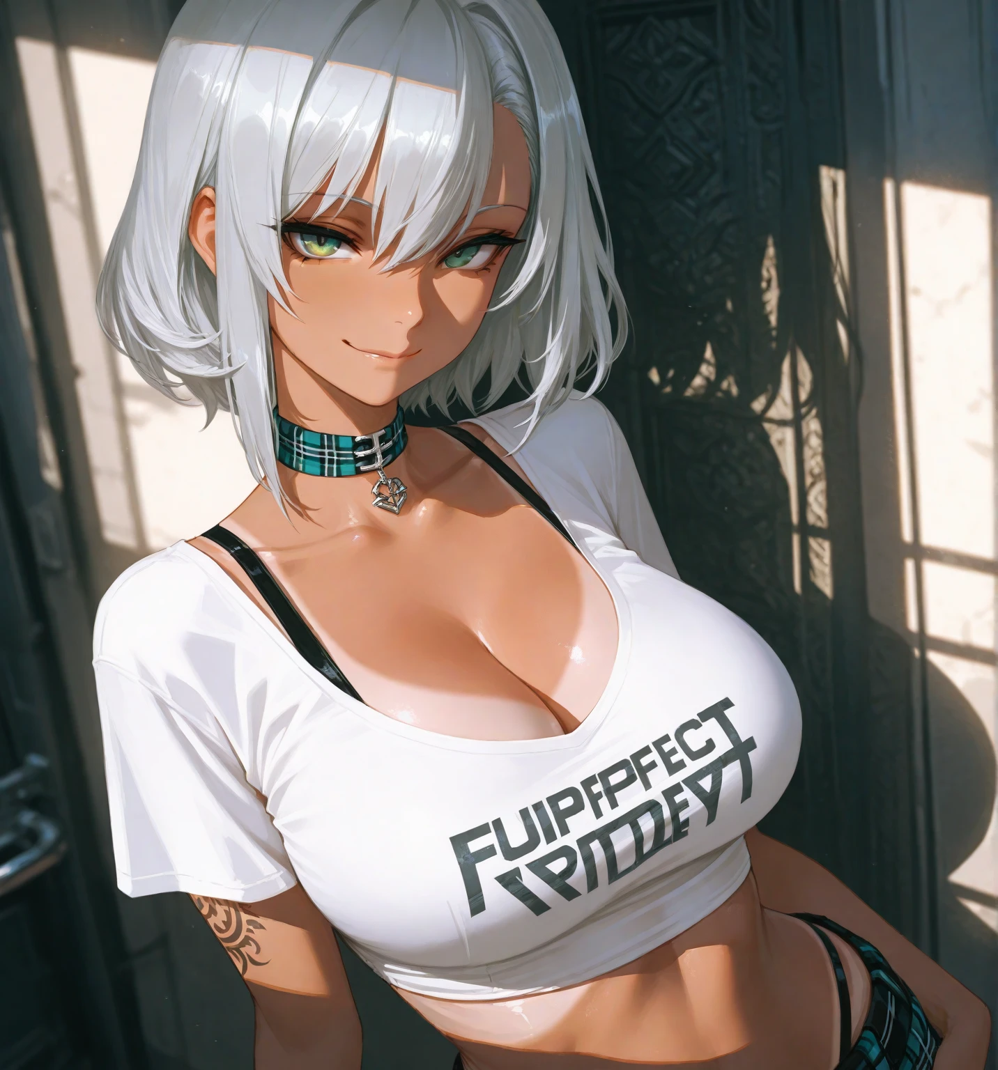4K, A high resolution, Best quality at best, tmasterpiece, perfect colors, perfect shadow, perfect litthing, ((sportrait)), fit-muscled body, bright green eyes，With round lenses, The audience watched carefully, (s face: 1.2), Perfect female figure,（（nipple bump））， ((Tight crop top leather suit)), ((looking at viewert)), (Perfect thick white eyebrows) Delicate fur, 详细s face, s the perfect face, At a  in an underground dance club , (Drink a glass of wine while standing), Comfortable background, perfect  decoration, lighting atmosphere, ((Bonifasko lighting)), (The round lenses on his eyes)(詳細な目), Perfect student