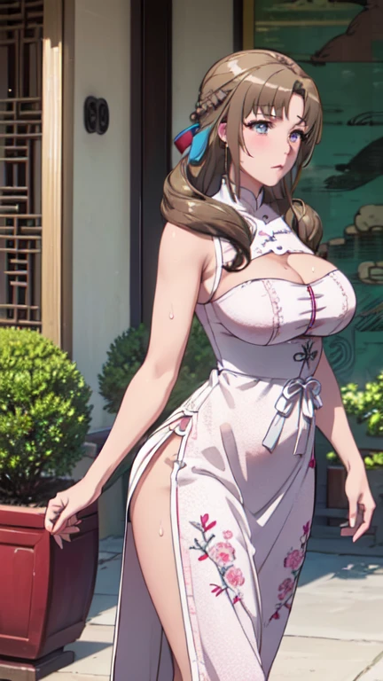 masterpiece,best quality,High resolution,Fine details,solo,Adult Woman,blush,curvy,Large breasts,Sweat,Oily skin,((China dress with pink embroidery)),(Chinese style castle),Frontal