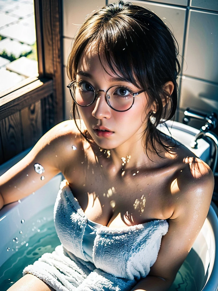 (Ultra-realistic), (shape), (High resolution), (8k), (High resolution), (Best shape), (Beautiful details), (Highest quality), (Very detailed), (masterpiece), (wallpaper), (Detailed face),Glasses, Sweaty,Underarm, Japanese, Chubby,Washroom, Tying up hair
