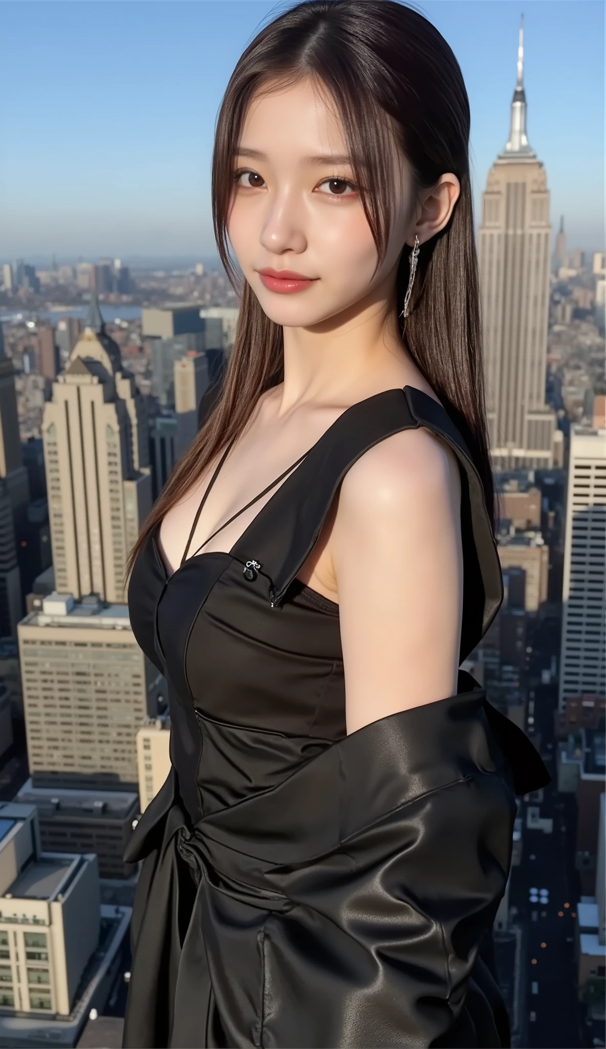 ((depicts a young Korean pop idol girl。),(full body shot with mahiru),((Manhattan skyscraper district in New York)),(walk),((Prada's dress)),(smile),(beautiful Korean idol makeup,beautiful lips,dark eyeshadow,long lashes),shiny skin staring at the camera, Show view , beautiful hair, Pure Eyes , (super long straight hair,beautiful hair with point colors),(8k, Highest Quality , masterpiece:1.2, very detailed on trends),( is anatomically correct,  Ultra Detailed Skin ,Refers to 5 books )