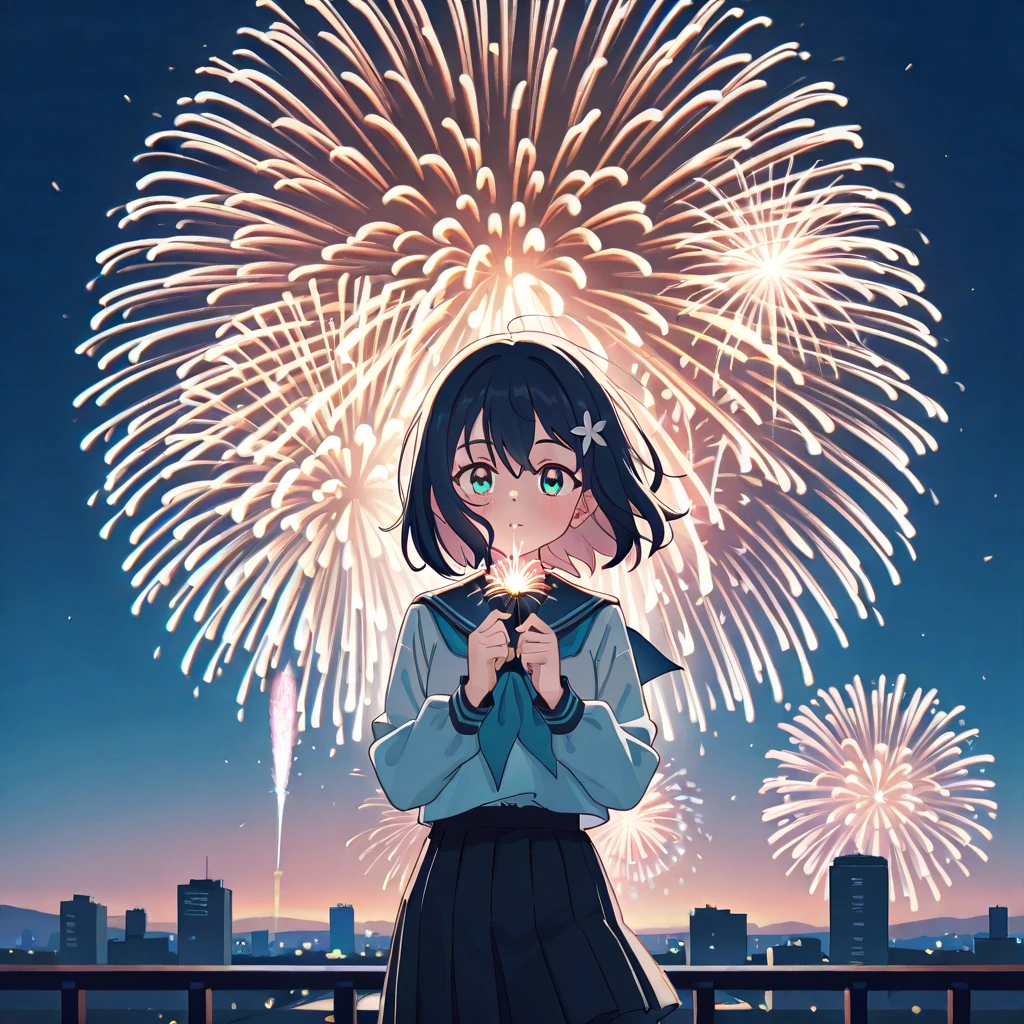 Looking up at the fireworks Black haired school girl
countryside One person, anime Up to the waist School Bags