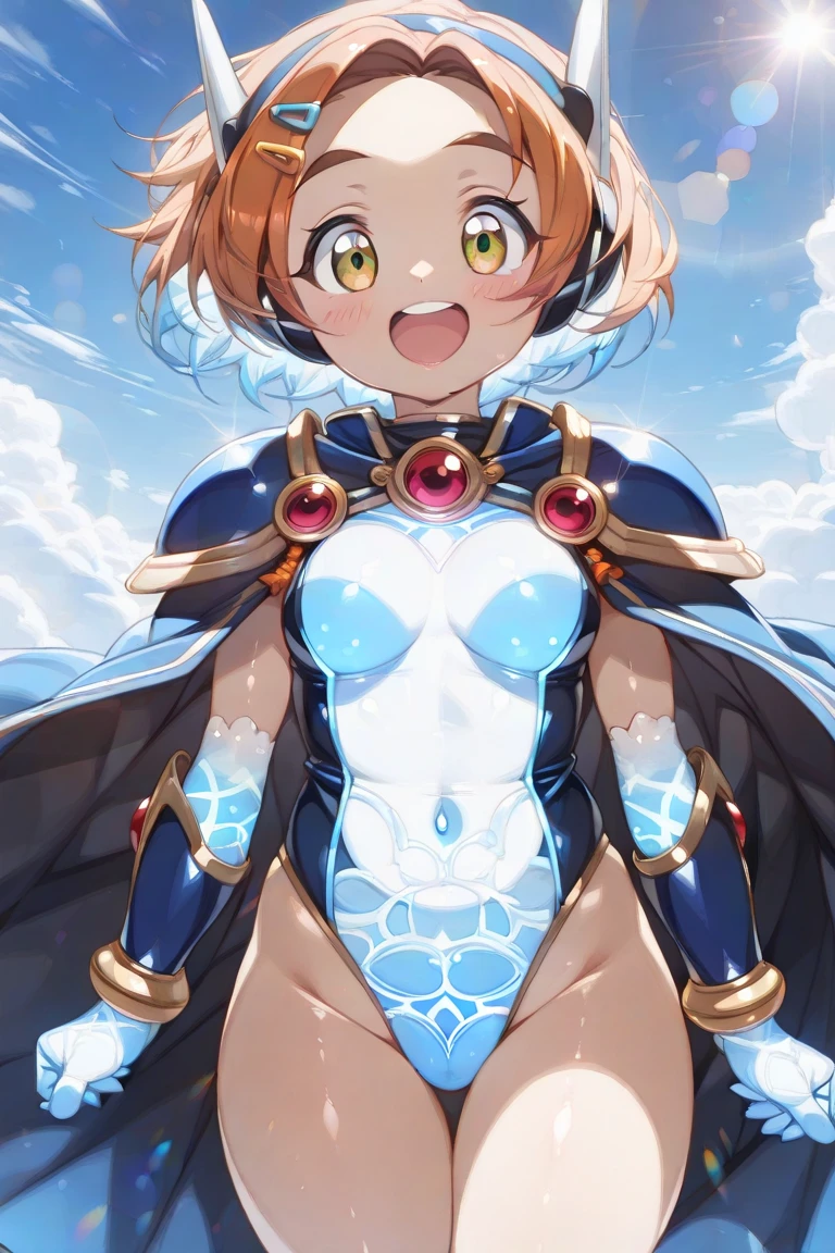 GRANBLUEfantasy,1young_teen_ girl,brown_hair,medium_bob_hair,platina_blond_hair,white_leotard,covered_crotch,thigh-highs,smile,standing,bluesky_landscape_background,slightly_spread_legs,happiness, short_gloves ,solo, r18, navel,relicbuster,short,boots,open_mouth,sitting,knees,blush,shy,bunny_ears