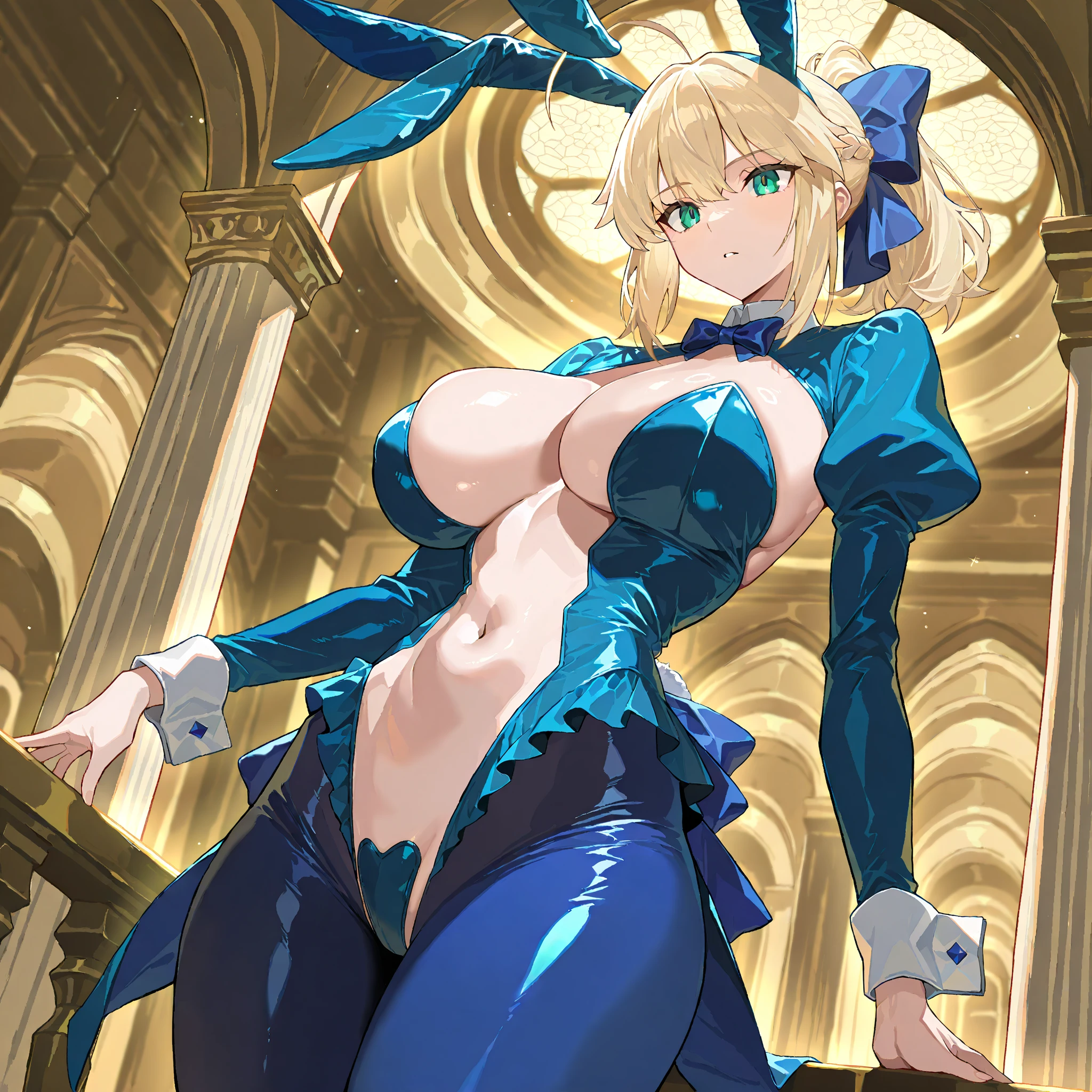(One girl)、((short hair))、((Blonde))、(Sato Air)、((Big super breasts))、(Chubby)、beautiful girl、((Big thighs))、((Hanekge))、Blue Eyes、Navy blue leotard、No sleeve、(Princess Knight)、(Bangs between the eyes)、((thigh-high socks thighhighs))、(long gloves)、smile、((see-through))