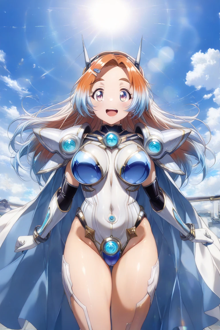 Space Warrior　Girl with long hair in light blue　White leotard jacket　Open the jacket to check your cleavage　After that, you can see the buttocks　white panty