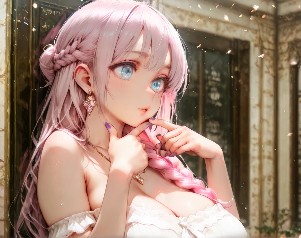 masterpiece, best quality, highly detailed, high resolution, expensive resolution, high resolution, 4k, 8k, Unity 8k wallpaper, highly detailed CG, masterpiece, 2d, 3d, beautiful details, depth, fine texture, best quality: 1.3, perfect focus, crisp skin, him, very cute anime girl, bikini, wedding veil with hibiscus decoration, heavy rain, full body drenched in rain, hair also soaked, big boobs all over, medium long pink hair in expensive clothes, mole under eye, looking at the viewer, expensive, blush, mole, open lips, heart, pink eyes, choker