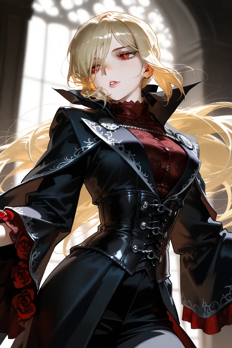 ((blood droplets)), ((blood)), ((blood splatter)), ((blood on clothes)) ((blood stain)), masterpiece, Superior image quality, High resolution, 4k image,photo and gross, photorealistic, Whole body, torn clothes, 1 young blonde of 15 years, fighting pose, {{{vagina}}}, big breasts, beautiful face, Long blonde hair, blue eyes, very detailed eyes, serious expression, choker:1.6, (white collar button down long sleeve shirt), black gloves, gloves that cover hands, (wields a sword in his right hand), (black leather corset), (shiny black leggings), Sensual Lips, show details in the eyes, View from the front, looking at the viewer, standing in a dark room, at night, crimson sky,