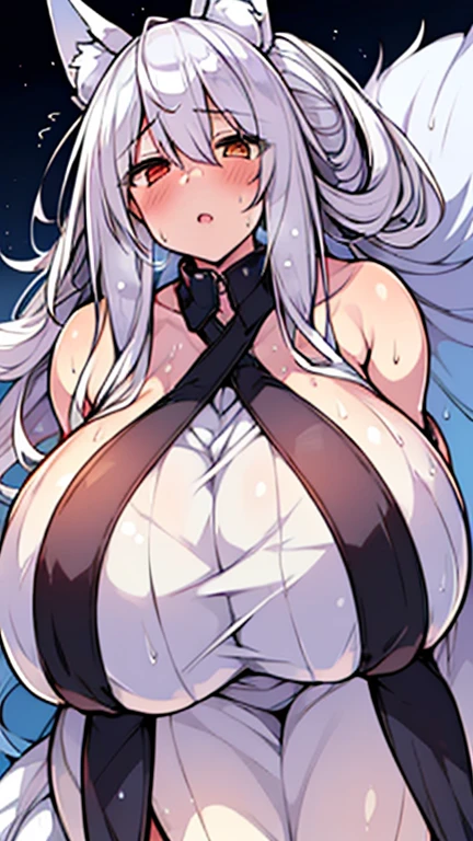 blonde wavy hair、cute anime face、thick thighs、8k、4k、highest quality、(High resolution:1.6)、noise reduction、((glowing green eyes、high detail eyes:1.5、Sweat、blush、open your mouth))、(SFW huge body)