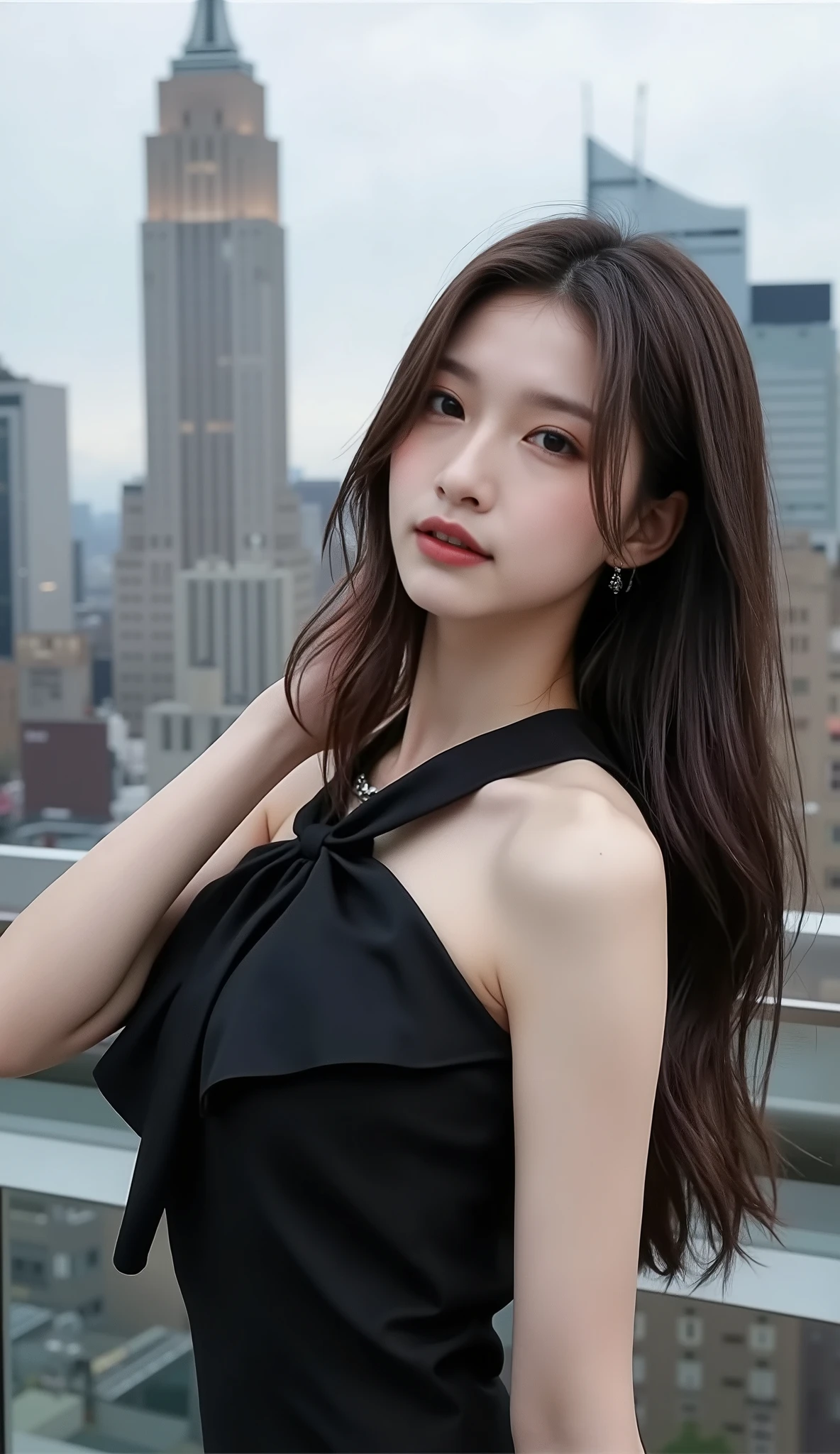 ((depicts a young Korean pop idol girl。),(full body shot with mahiru),((Manhattan skyscraper district in New York)),(walk),((Prada's dress)),(smile),(beautiful Korean idol makeup,beautiful lips,dark eyeshadow,long lashes),shiny skin staring at the camera, Show view , beautiful hair, Pure Eyes , (super long straight hair,beautiful hair with point colors),(8k, Highest Quality , masterpiece:1.2, very detailed on trends),( is anatomically correct, Ultra Detailed Skin ,Refers to 5 books )