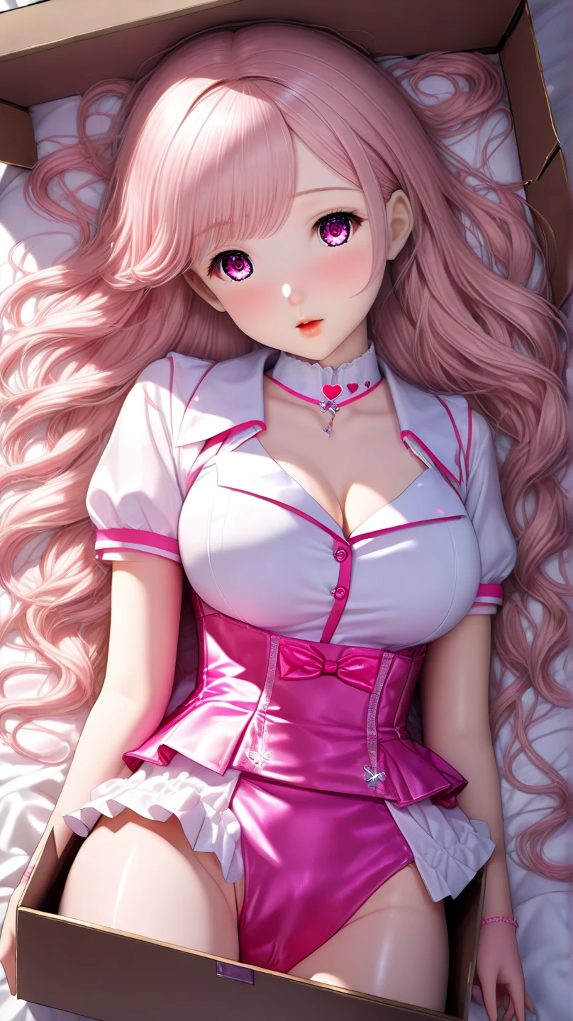 (8K, masutepiece, Best Quality, Official art, beautiful detailed, beautiful lighting, best masterpiece in history that exceeds limits), (1 Girl, Solo), (15 years old), (beautiful detailed face), (shiny white skin), (Beautiful big bust, cleavage:1.3), (thighs), (beautiful detailed pastel pink twin tails hair, Bangs:1.3), (beautiful detailed drooping pink eyes:1.5), (Beautiful Luxurious Diamonds Tiara), break, (White shirt, Open collar, Unbuttoned, White Button, long sleeves, long length, large size, Long hem:1.3), break, (beautiful detailed cute White and Pastel pink stripe pattern panties), break, (happy smile:1.2), (Attractive, Look at the camera, standing), (ultra detailed realistic Beautiful white bed room:1.3),