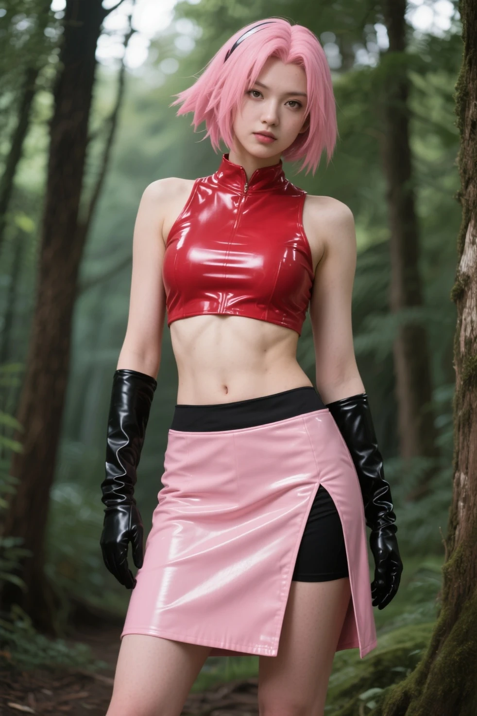 <lora:humura2-06:0.8> Homura in forest, pink hair, ponytail, red eyes, lips , :o expression, :: fur trim, bare shoulders, thighhighs, atletic, leotard, :: highly detailed, perfect light, profesional composition, dinamic pose