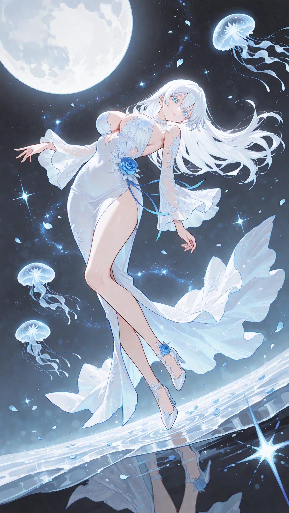 A woman in a white dress is floating in the water, goddess of galaxies, a stunning young ethereal figure, Mago Celestial Lindo, Deusa Celestial, sacerdotisa medusa, divindade de cabelos brancos, astral ethereal, goddess of space and time, fada astral, bela arte conceitual de corpo inteiro, Deusa ciborgue no cosmos, ethereal essence, trending on artstation pixiv, deusa lunar