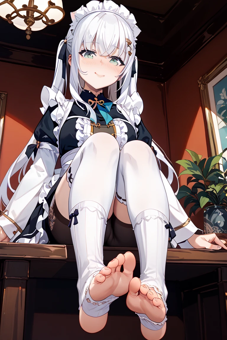 1 Girl,Kagura Mia ,white hair,Heterochromia,Half closed eyes,(Giddenmei 1.5),short sleeve dress,Shawl coat,military uniform,Puff sleeves,Cloth bag,Gloves,White pantyhose,braid,Sitting on the bed,2legs,Legs Focus,From below,Foot display,trampling,The soles of the feet face the audience,Arrogant,play,Sexual suggestion,See the soles of your feet,Tempting,Feet that make people want to lick,foot fetish,Stretch out one foot