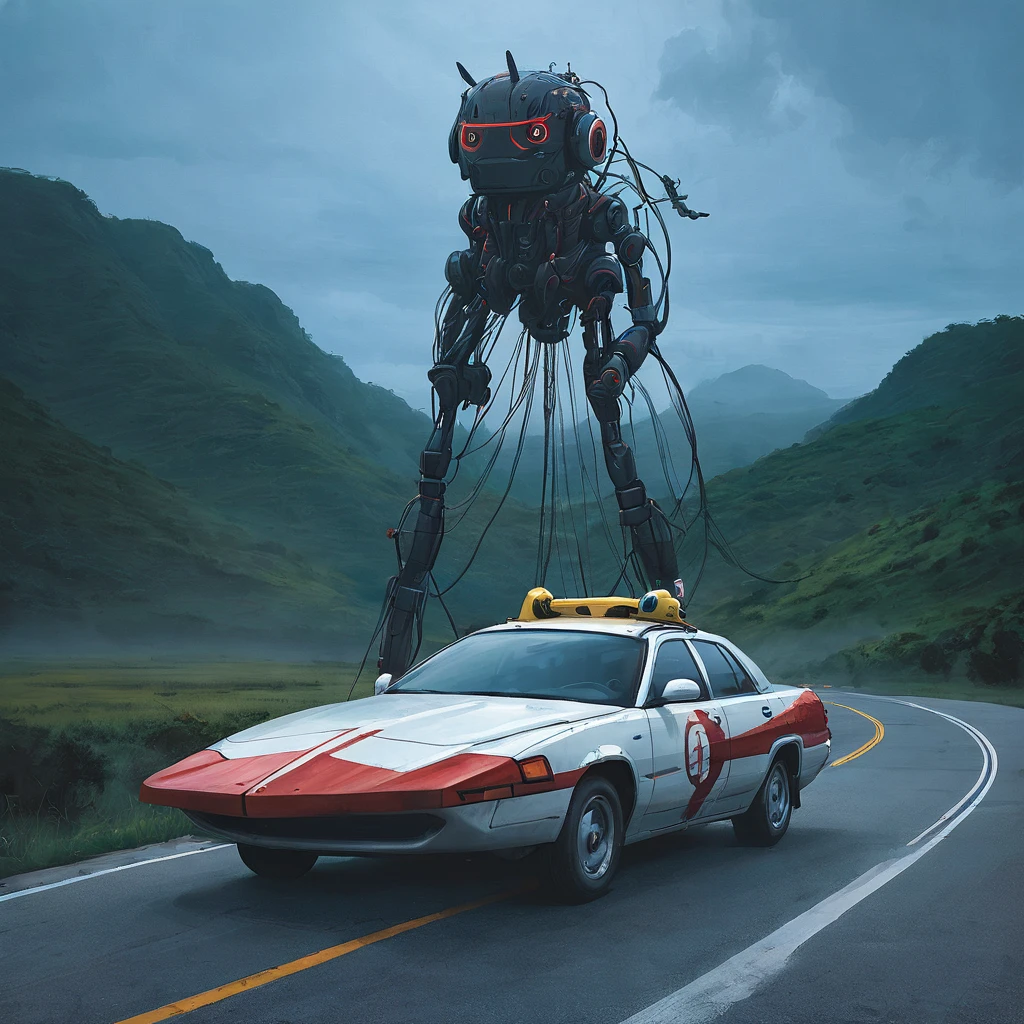 sst, road, Car with canoe, A tall mech with a toy face, wire, A tiny mecha drone with glowing red eyes々
