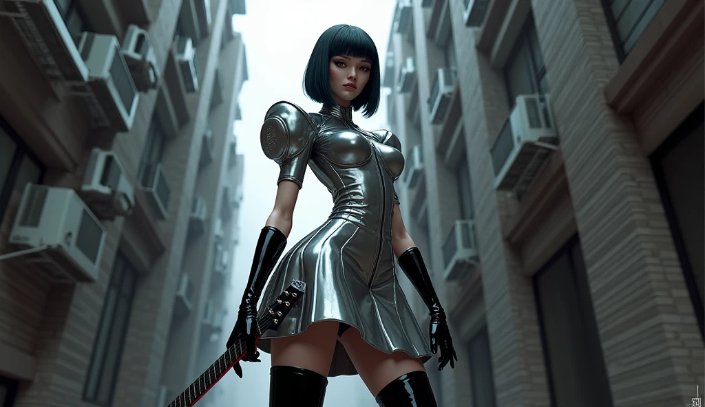Beautiful woman with short black hair, white with two ambidextrous daggers and 170 centimeters tall