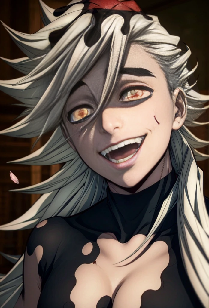 Anime female Homunculus,  body, sexy, smug face, red sclera, pink-ish skin, black marks on face, egocentric, muscled