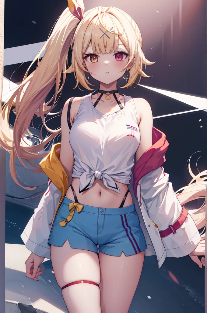 1girl, naruto uzumaki as a girl, gender swap naruto uzumaki, female naruto uzumaki, uzumaki naruto as a female, gender swap naruto, Naruko, girl/female/woman, beautiful girl, blond hair, detailed blond hair, medium lenght hair, medium length hair, blond detailed medium length hair, blue eyes, detailed eyes, perfect eyes, beautiful blue eyes, captivating detailed blue eyes, female figure, wearing shorts, casual sport shorts women, running cotton shorts women, cropped hoodie, cropped-hoodie for woman, cute, cute girl, fox ears, she has cute fox ears, fox tail, nine-tailed fox tail, perfect image, 4k image, high resolution, best image, high quality, best image ever, masterpiece [perfect hands, perfect body]
