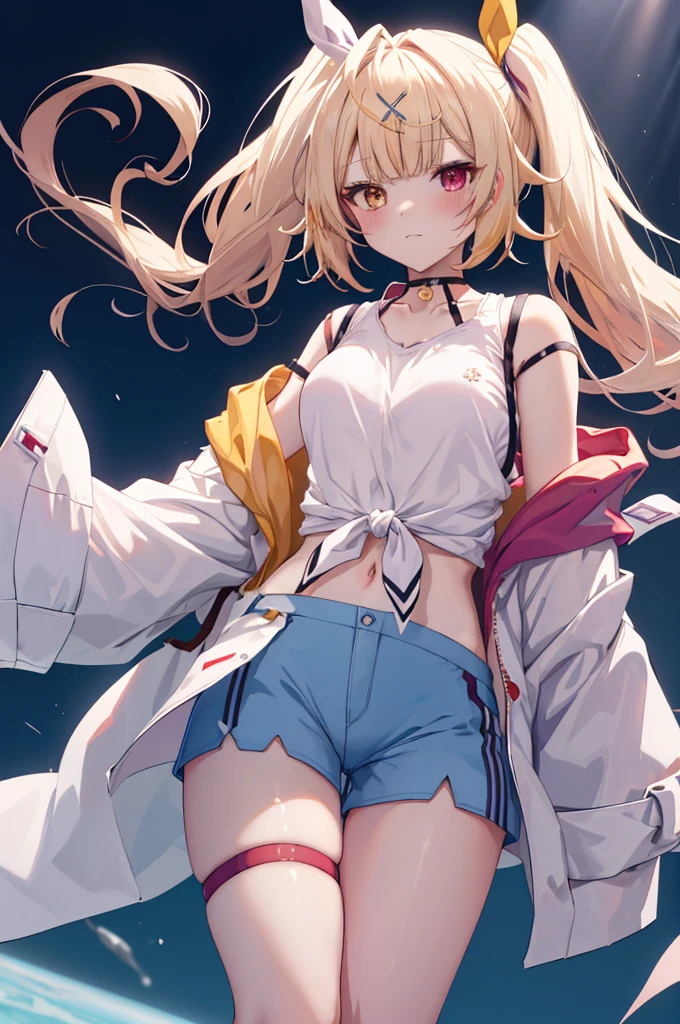 (Busty), (White jacket), (Light Pink)Tank top, (Pink Thong)(High leg)(High Cut), Erect nipples, Slim and narrow waist, belly button, Small hips, Only the waist, (partially exposed)vulva, (Blonde)bread(Twin tails), White ribbon, Dark Eyes, blue eyes, sunny, (Crotch wedge)Camel Toe