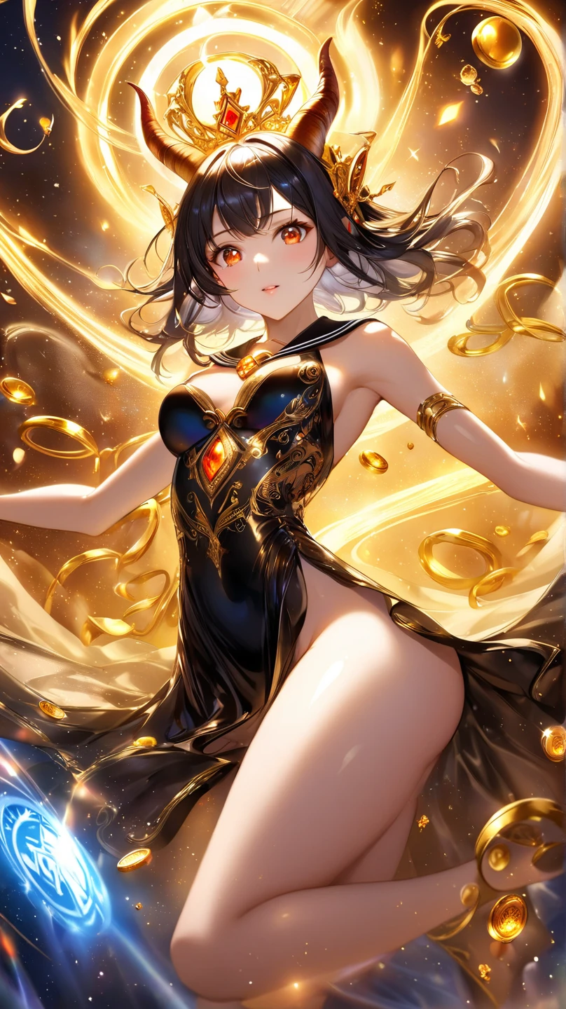 absurd res, high res, (masterpiece:1.4), ultra-detailed, 1girl, from front, space, floating, gold Chinese dress, yellow dress, stockings, black hair, golden eyes, yellow eyes, garter belt, the gap, angry look