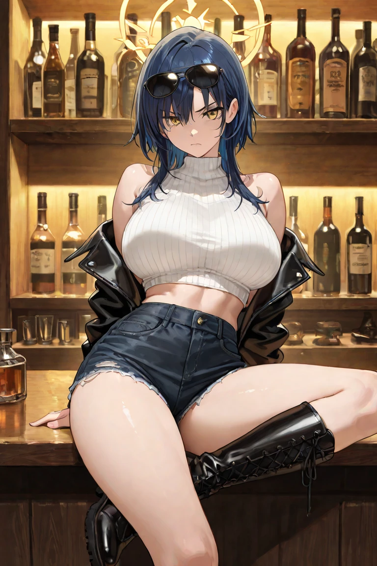 best quality, masterpiece, ultra-detailed, Odette, black hair, blue eyes, breasts, dark-skinned female, dark skin, hair between eyes, large breasts, sharp teeth, teeth, jacket