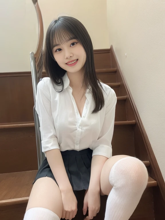 Ulchan-6500-v1.1, (Raw photo:1.2), (Photoreal), beautiful details, (genuine: 1.4),(()), beautiful girl, model body, big blue eyes, small breasts,  (japanese school uniform), (super realistic pantyhose), go up the stairs、shot from below、very white skin, long hair, wavy hair, blonde hair , game_nffsw, huge file size, High resolution, very detailed, highest quality, [masterpiece:1.6], enlightenment, very detailed, nffsw, finely, highest quality, 8k wallpaper, movie lighting, 1 girl, 19 years old, perfect body shape, Sareme, beautiful big eyes、Pieck finger, ((table top)), highest quality, 1 girl, eye shadow, portrait, ((full body shot:1.4))、(very affectionate smile:1.2)、realistic skin texture、shiny skin、exposed thighs!!!